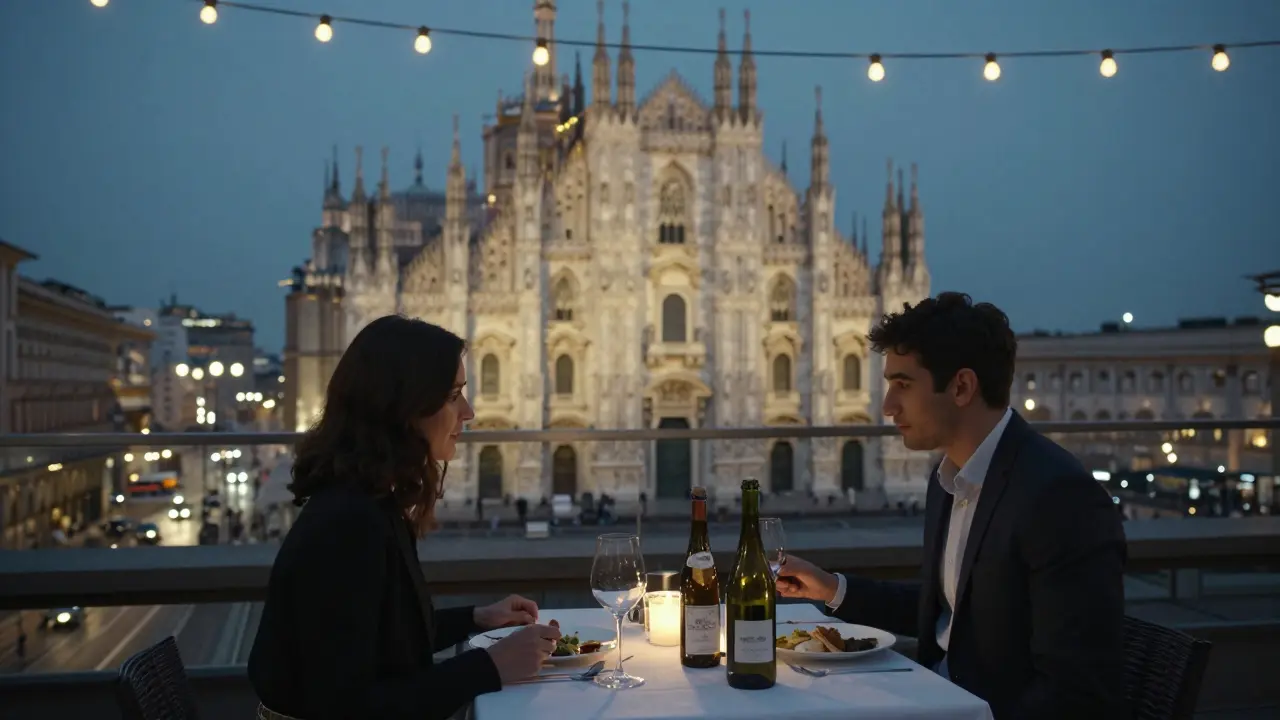 A quiet rooftop dinner in Milan with the Duomo glowing in the distance.