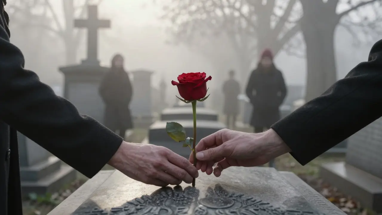 A red rose rests on Oscar Wilde’s tomb in Père Lachaise Cemetery, soft morning fog surrounding it.