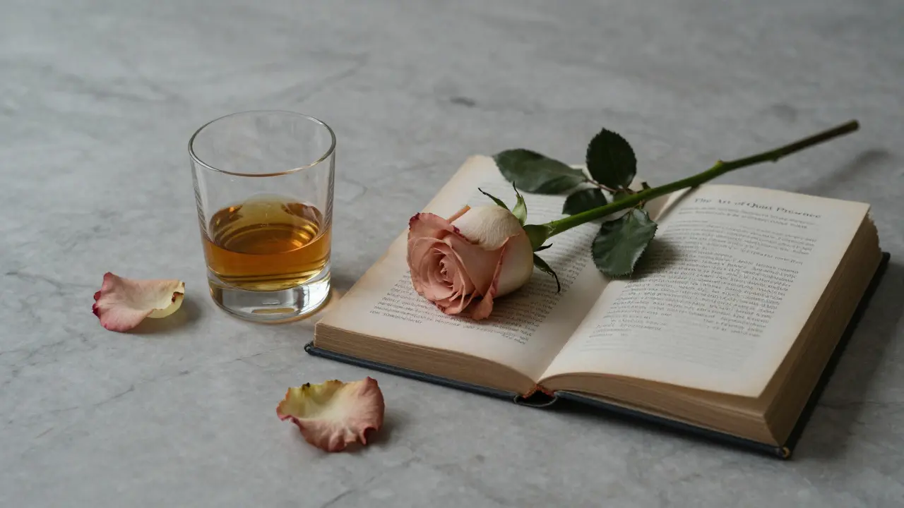 A rose and half-empty whiskey glass beside an open book titled 'The Art of Quiet Presence' on marble.