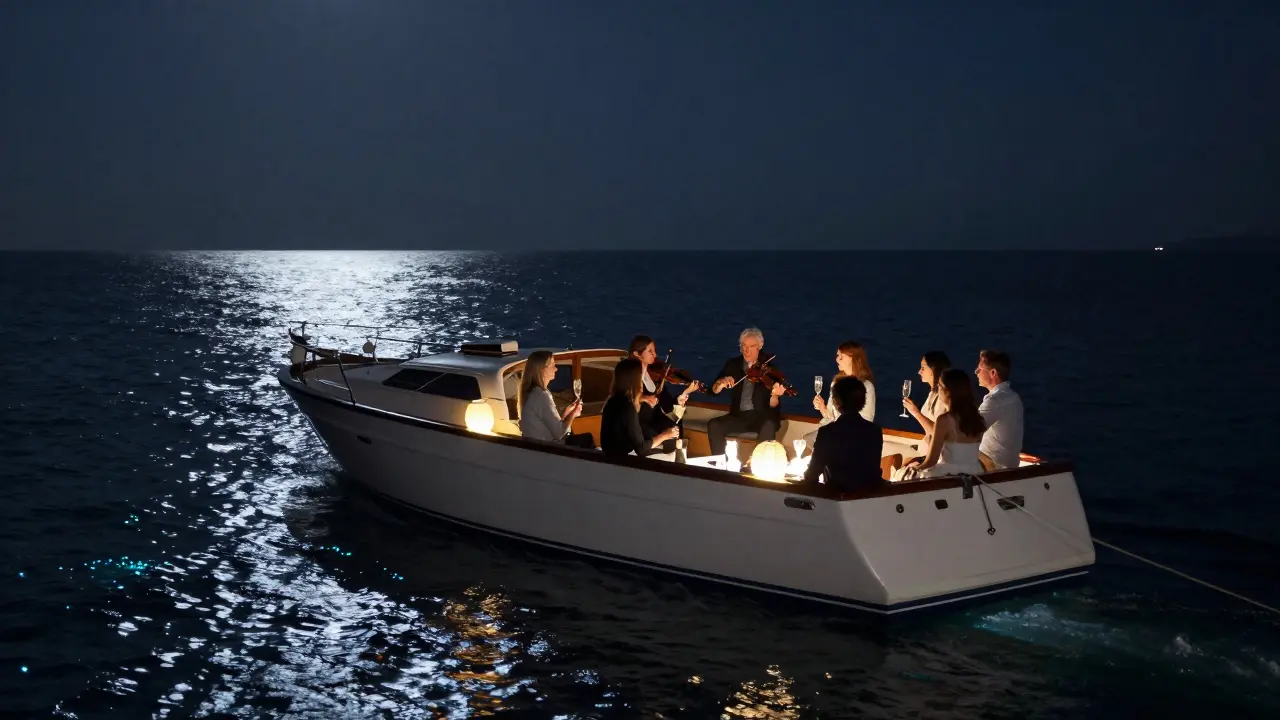 A silent yacht party at sea, a string quartet playing under moonlight as the water glows blue.