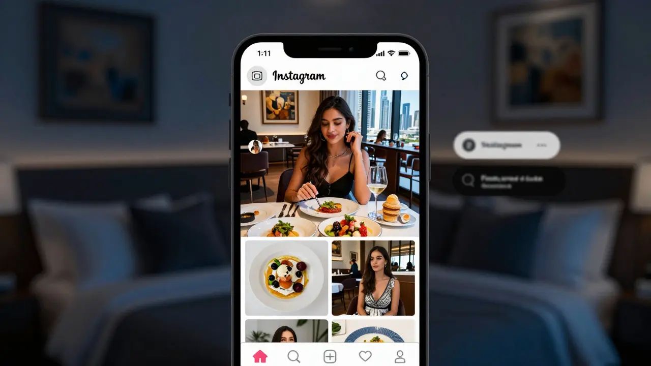 A smartphone displays a discreet Instagram profile with upscale Dubai social photos and private messages in the background.