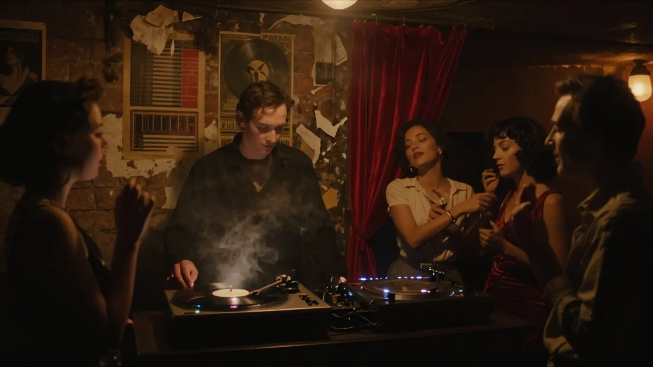 A smoky underground Paris club with dim lighting, a DJ spinning vinyl, and dancers lost in the music.