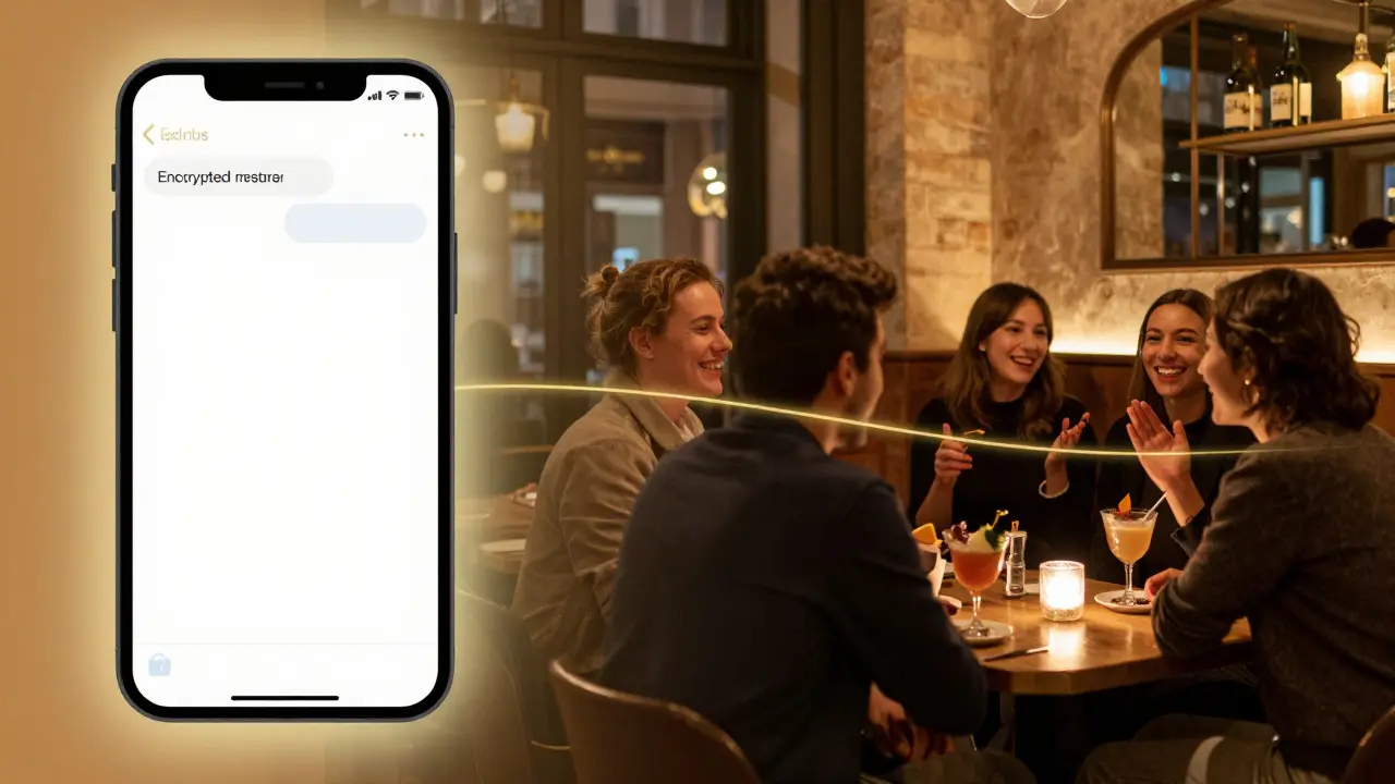 A split image showing a private messaging app on one side and a cozy Milanese bar scene on the other, symbolizing choice.