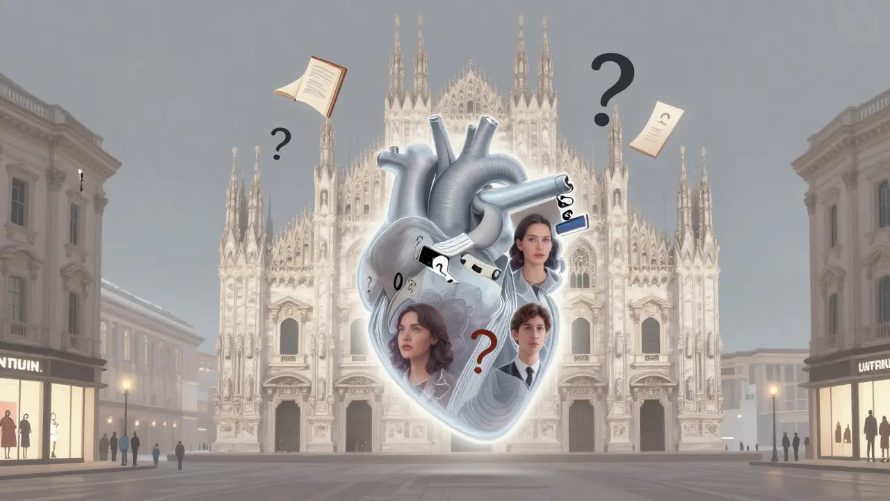 A transparent human form filled with questions, books, and reflections, symbolizing authentic connection in the heart of Milan's urban landscape.