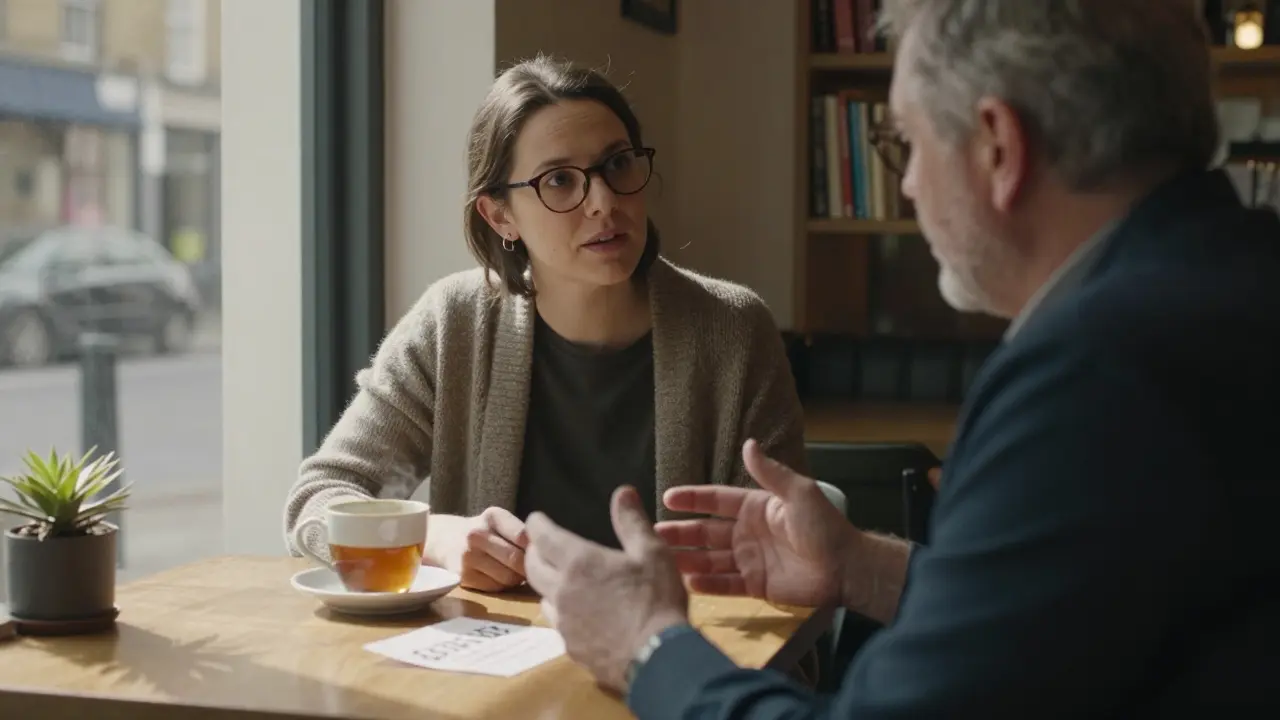 A woman listens attentively to a man in a Camden café, sunlight catching their quiet moment.