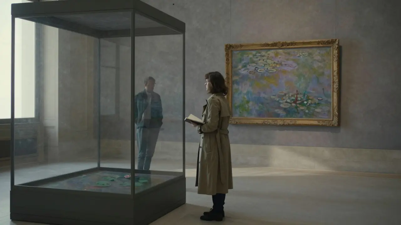 A woman stands alone before a Monet painting in the Louvre at dawn, lost in thought.
