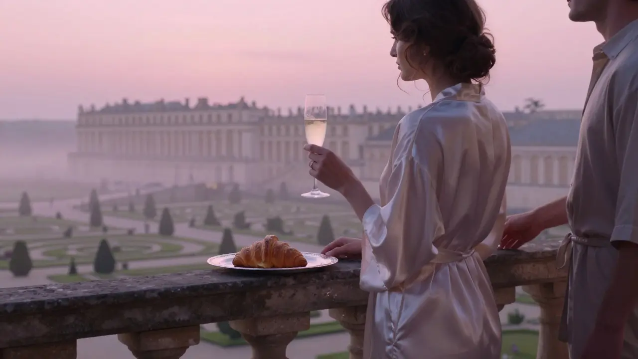 A woman stands on a balcony at Versailles at sunrise, holding champagne as dawn breaks over the gardens.