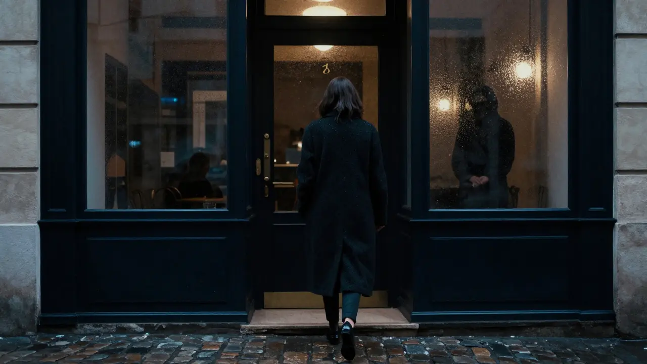 A woman walking alone at night toward a discreet hotel entrance in Paris, rain glistening on cobblestones.