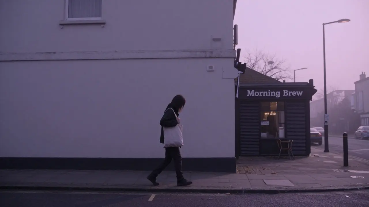 A woman walking away from a rented flat at dawn, heading toward a quiet café.