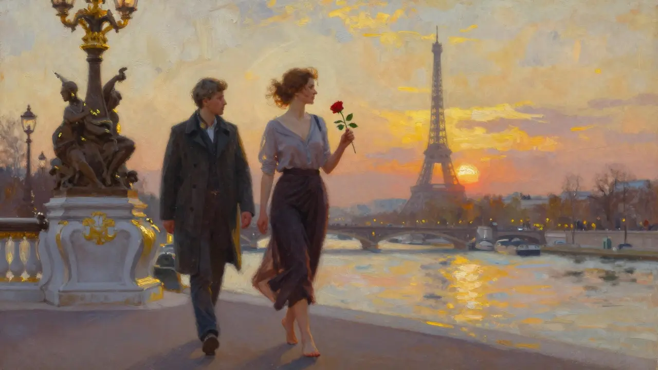 A woman walks with a companion along a glowing bridge at sunset, holding a red rose as the Seine reflects golden light.