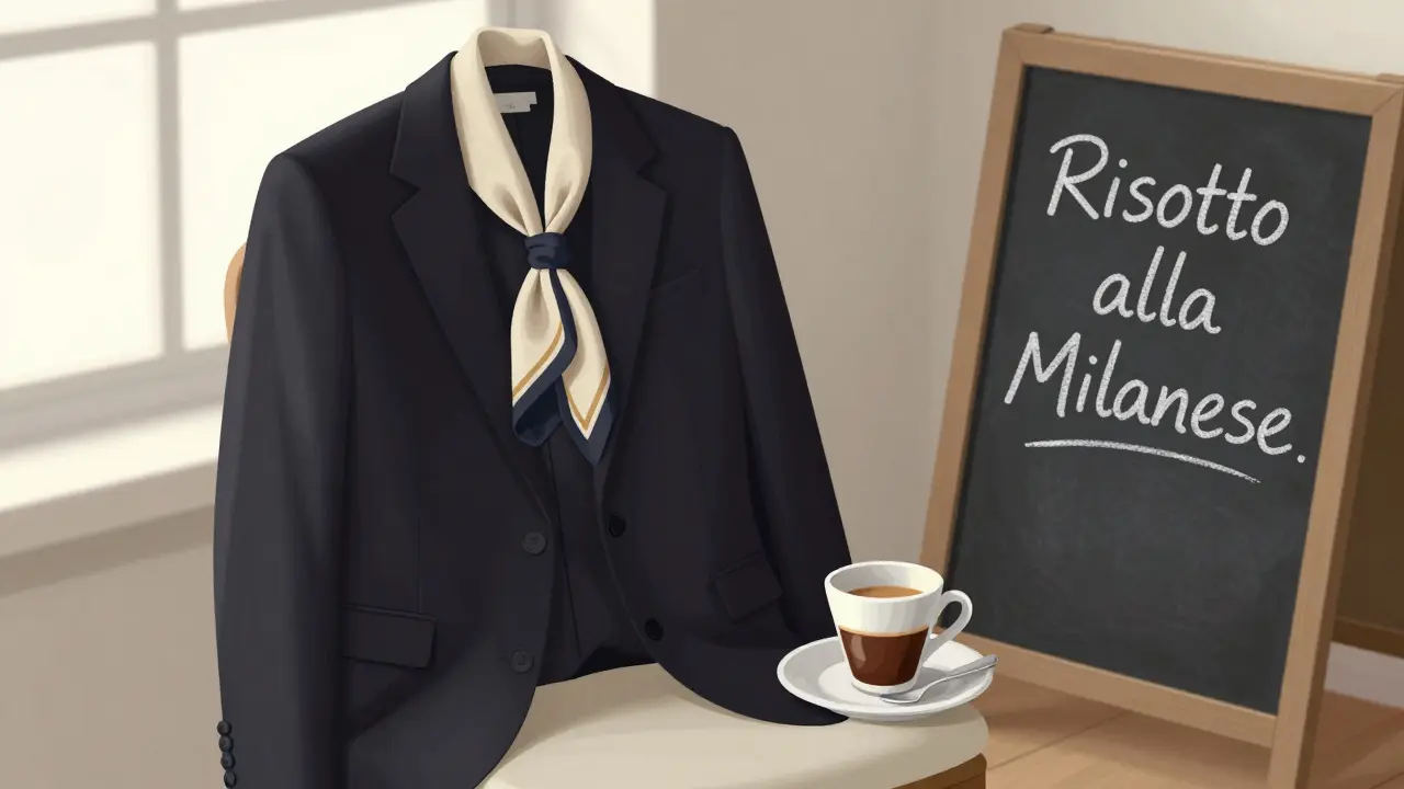 An elegant dark blazer and silk scarf rest beside an espresso cup, symbolizing a refined Milanese evening.