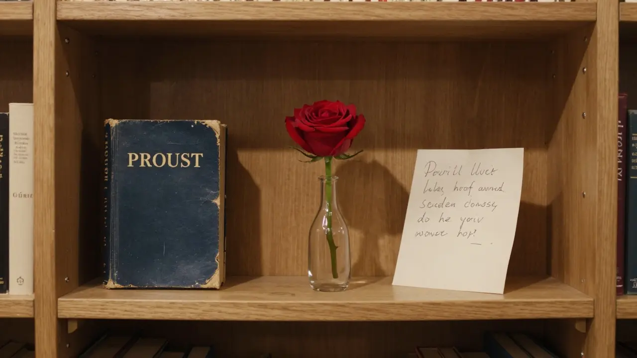An empty bookstore shelf with a book, rose, and handwritten note — symbols of connection, no people, quiet and contemplative mood.
