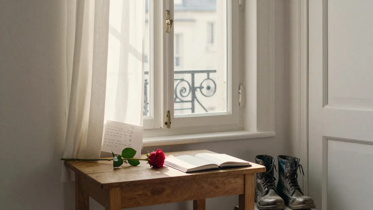 An empty Parisian apartment window at dawn with a rose and handwritten note left on a table.