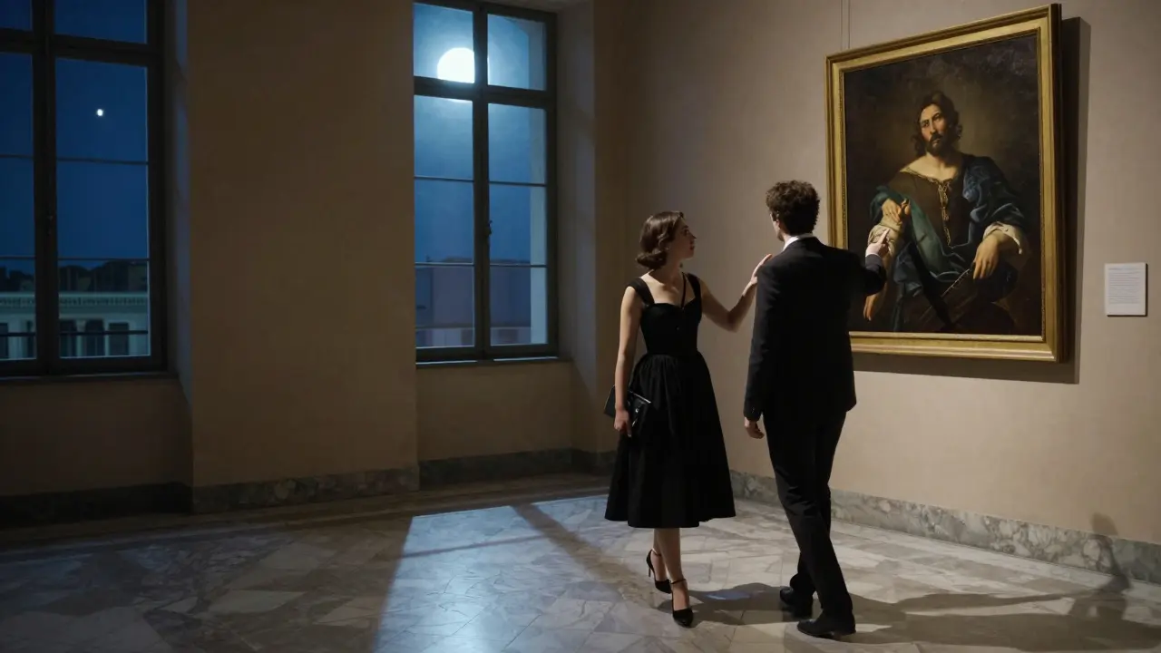 An escort and client view a Caravaggio painting in the Brera gallery after hours, bathed in moonlight.