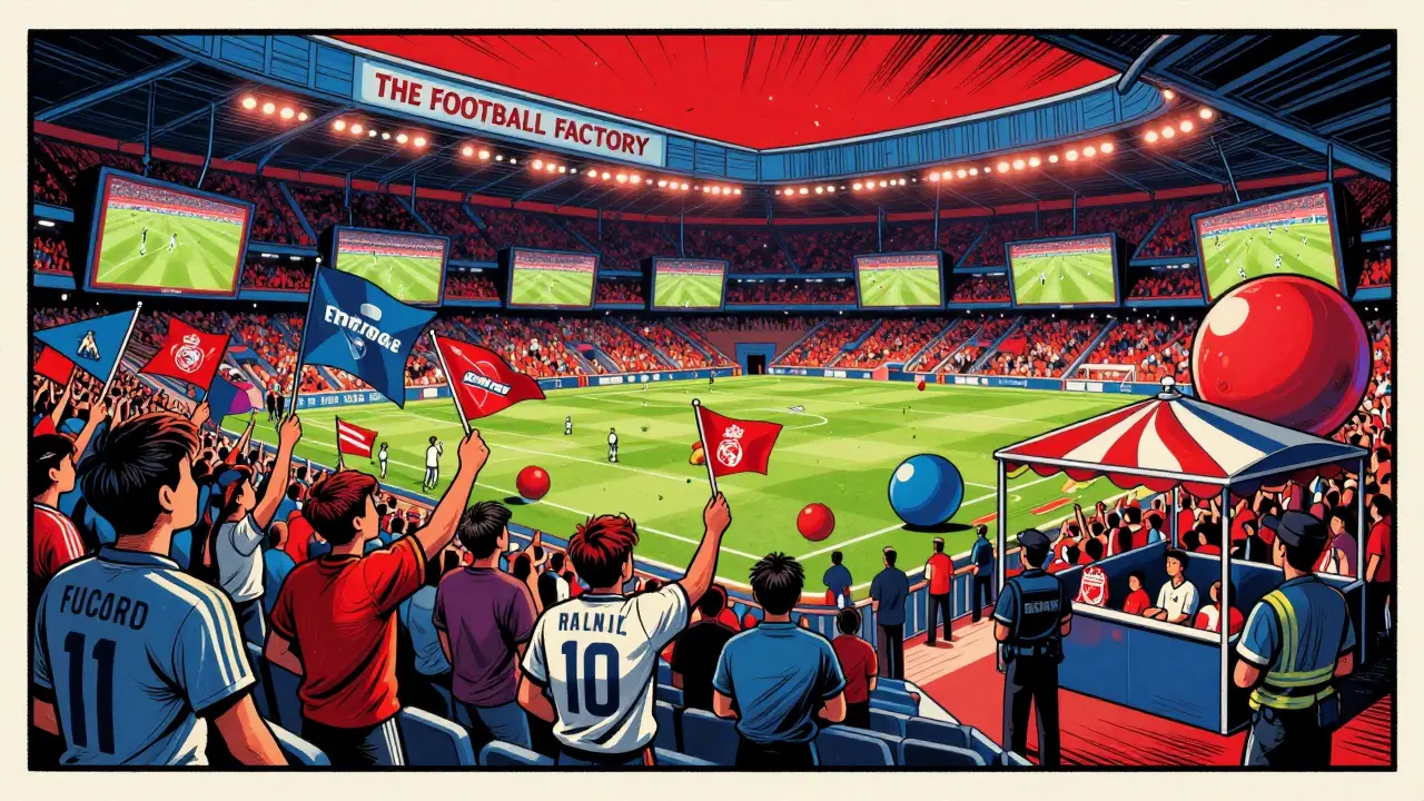 Champions League final at The Football Factory, fans of rival teams united under glowing screens and flying flags.