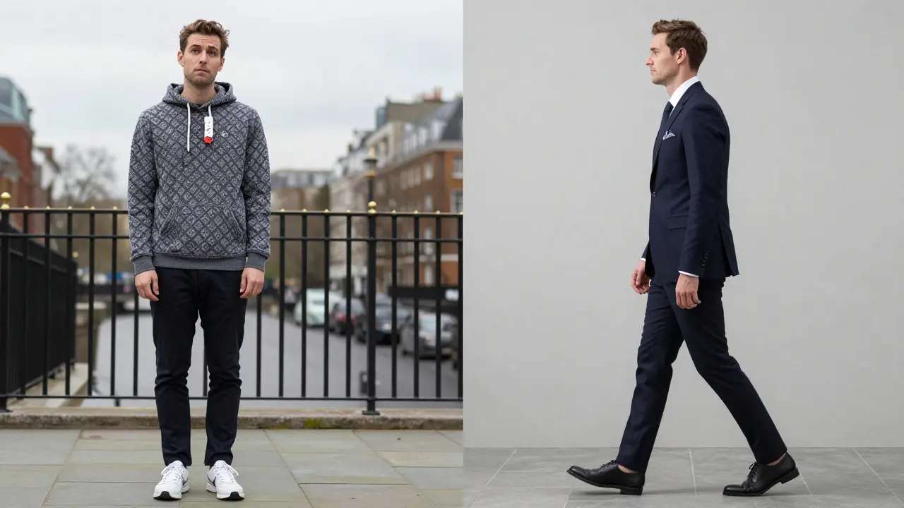 Contrasting images: one person in flashy streetwear looking out of place outside a luxury hotel, another in minimalist attire entering confidently.