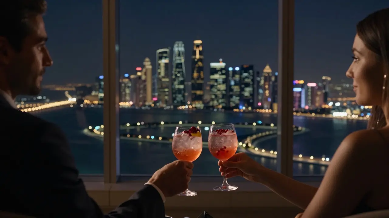 Couple enjoying sunset cocktails at Sky Lounge with Abu Dhabi skyline glowing in the background.