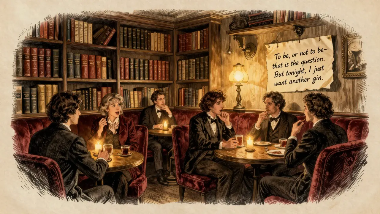 Cozy hidden lounge with velvet booths, candlelight, and shelves of classic theatre books.