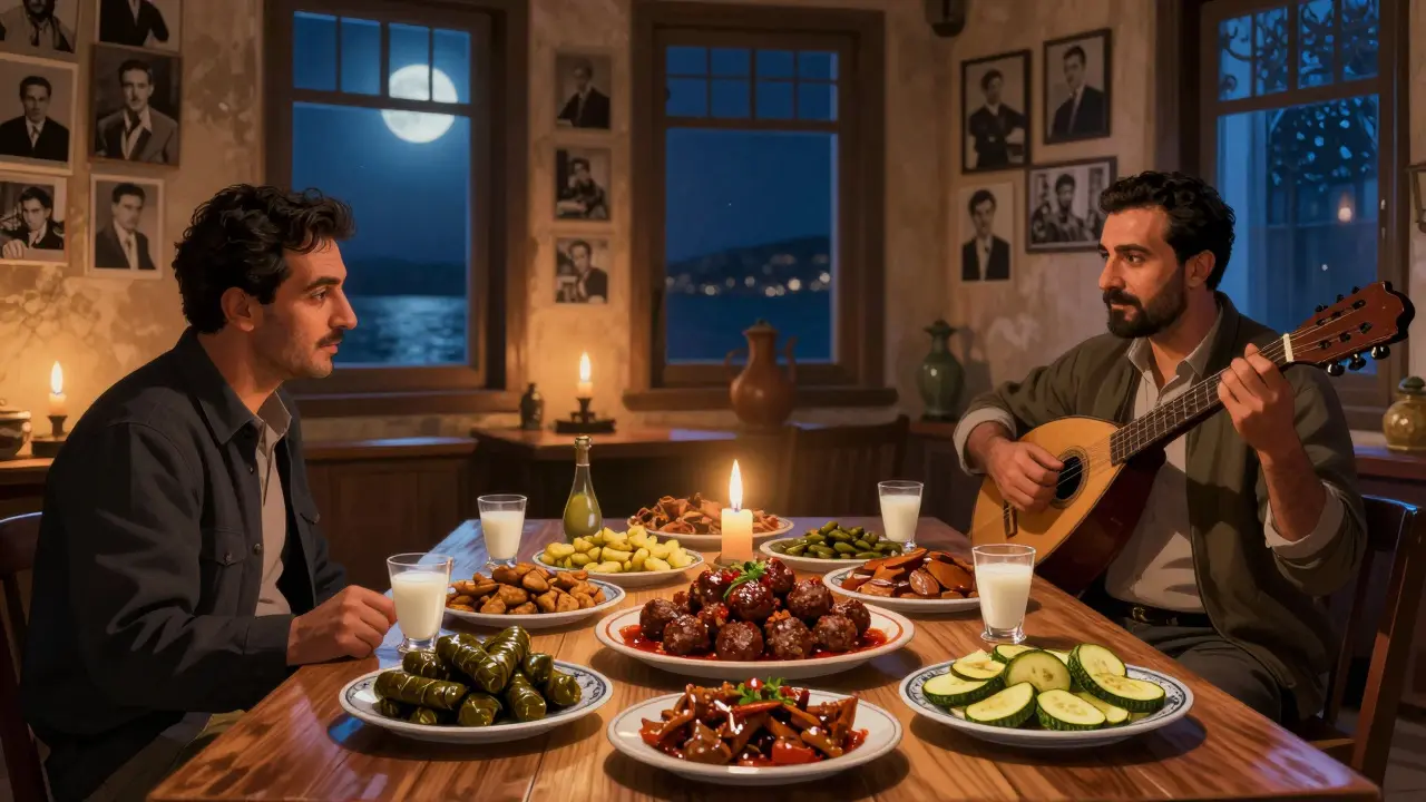Cozy meyhane with wooden tables, meze plates, raki glasses, and a man playing bağlama.