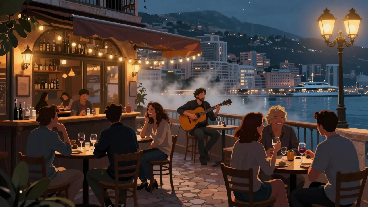 Cozy Old Port bar with locals enjoying wine and live acoustic music under fairy lights and street lamps.