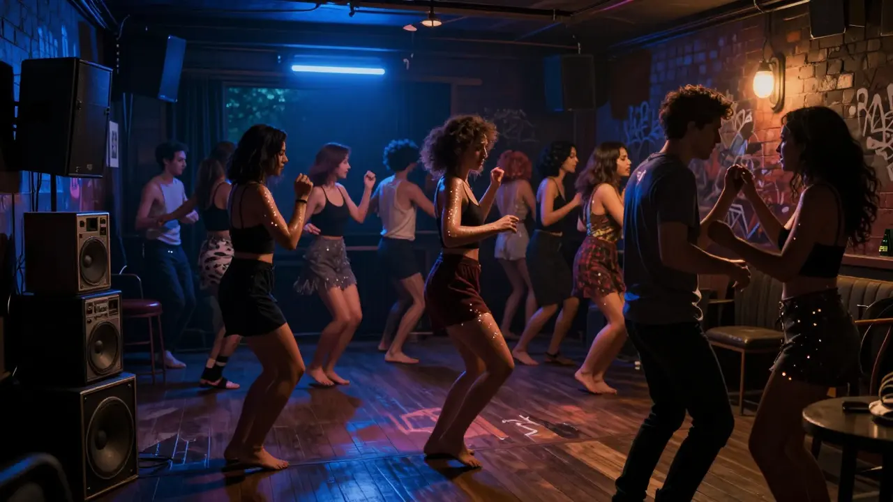 Crowd dancing in a dim underground club with vintage speakers and warm neon lighting.