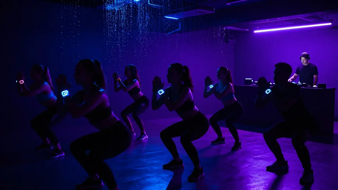 Diverse group doing HIIT under black lights with glowing heart rate monitors.