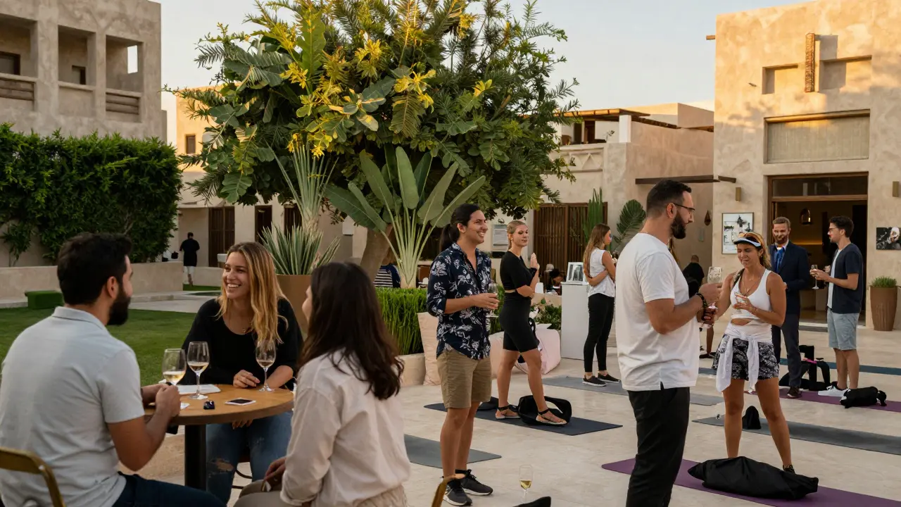 Diverse people socialize at an outdoor art event in Dubai, laughing and enjoying wine under golden sunset light.