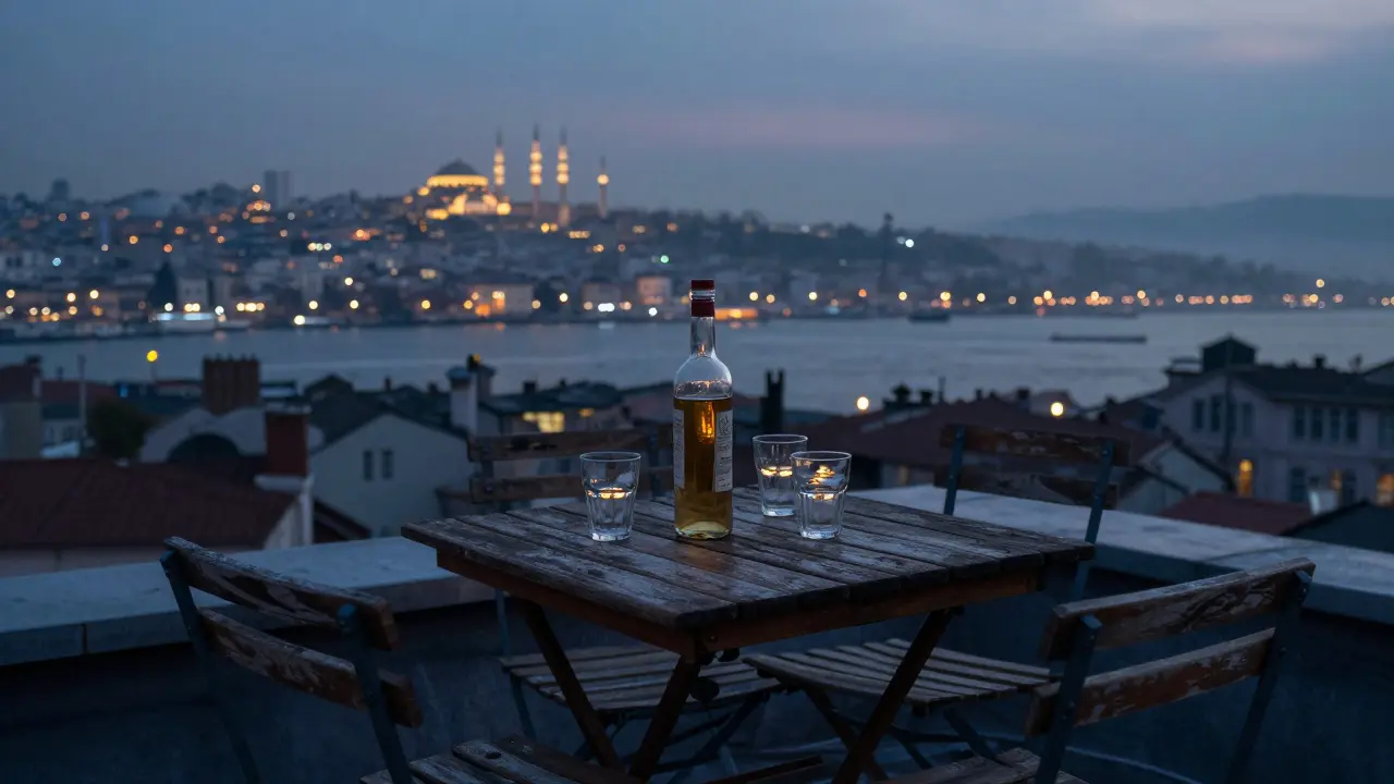 Empty rooftop table at dawn with raki bottles and glowing Istanbul skyline.