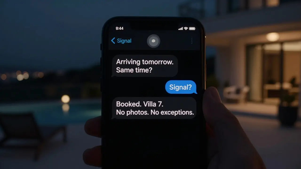 Encrypted message on a smartphone screen: 'Arriving tomorrow. Same time?' in a dark room with villa lights outside.