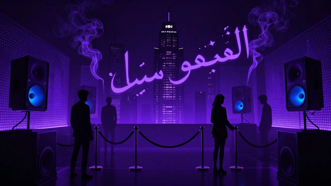 Exclusive nightclub interior with neon lights and shadowy figures at The Penthouse, Abu Dhabi.