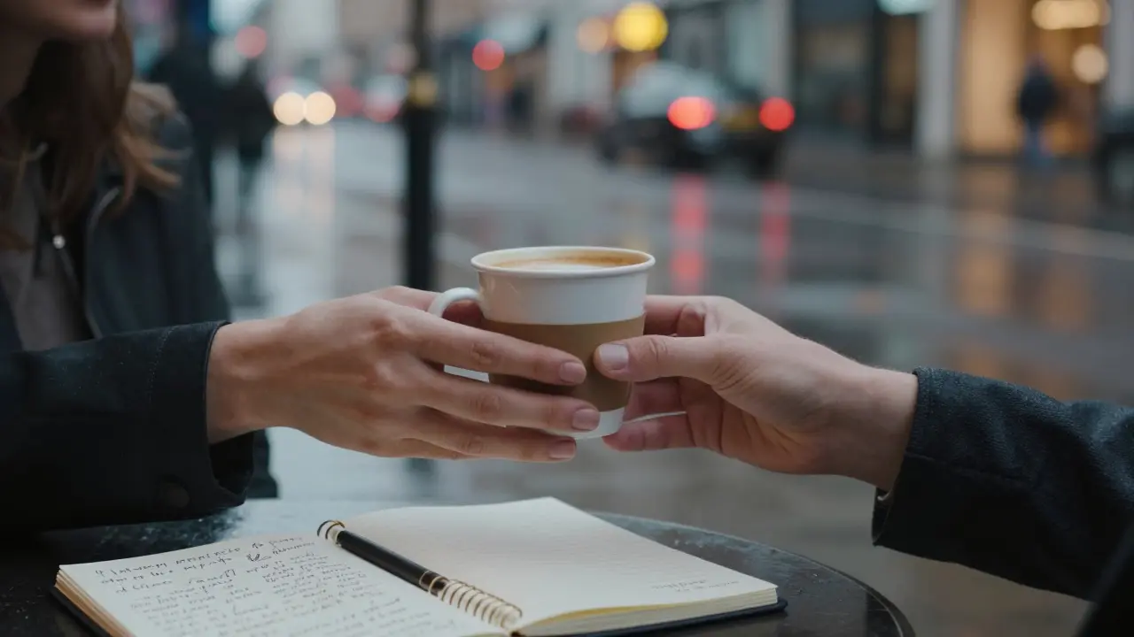 Hands exchanging coffee in a rainy London dawn, a notebook with personal notes visible nearby.
