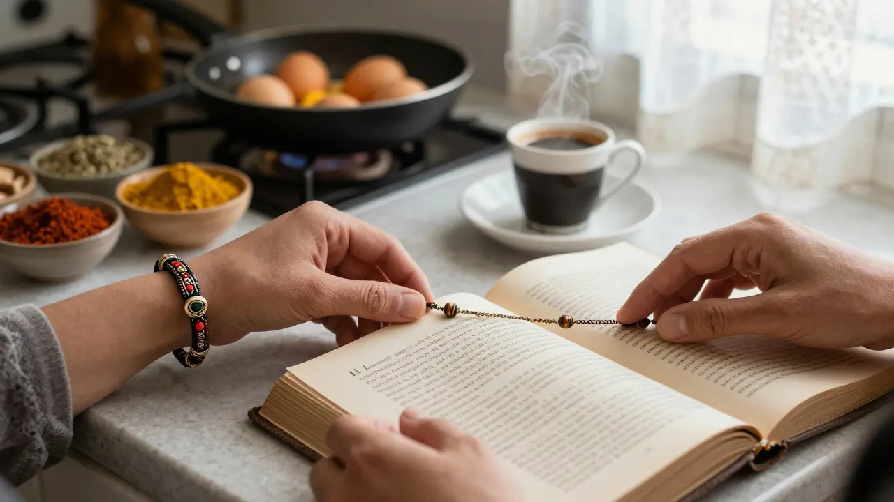 Hands holding a Moroccan bracelet and turning a cookbook page with balaleet recipe, spices and coffee nearby.