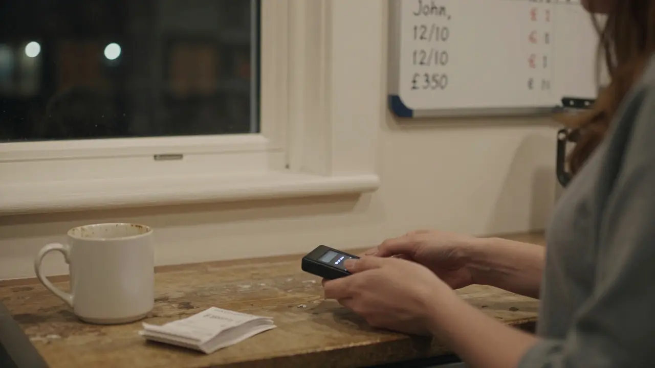 Hands placing a security device next to coffee and receipts on a kitchen counter.