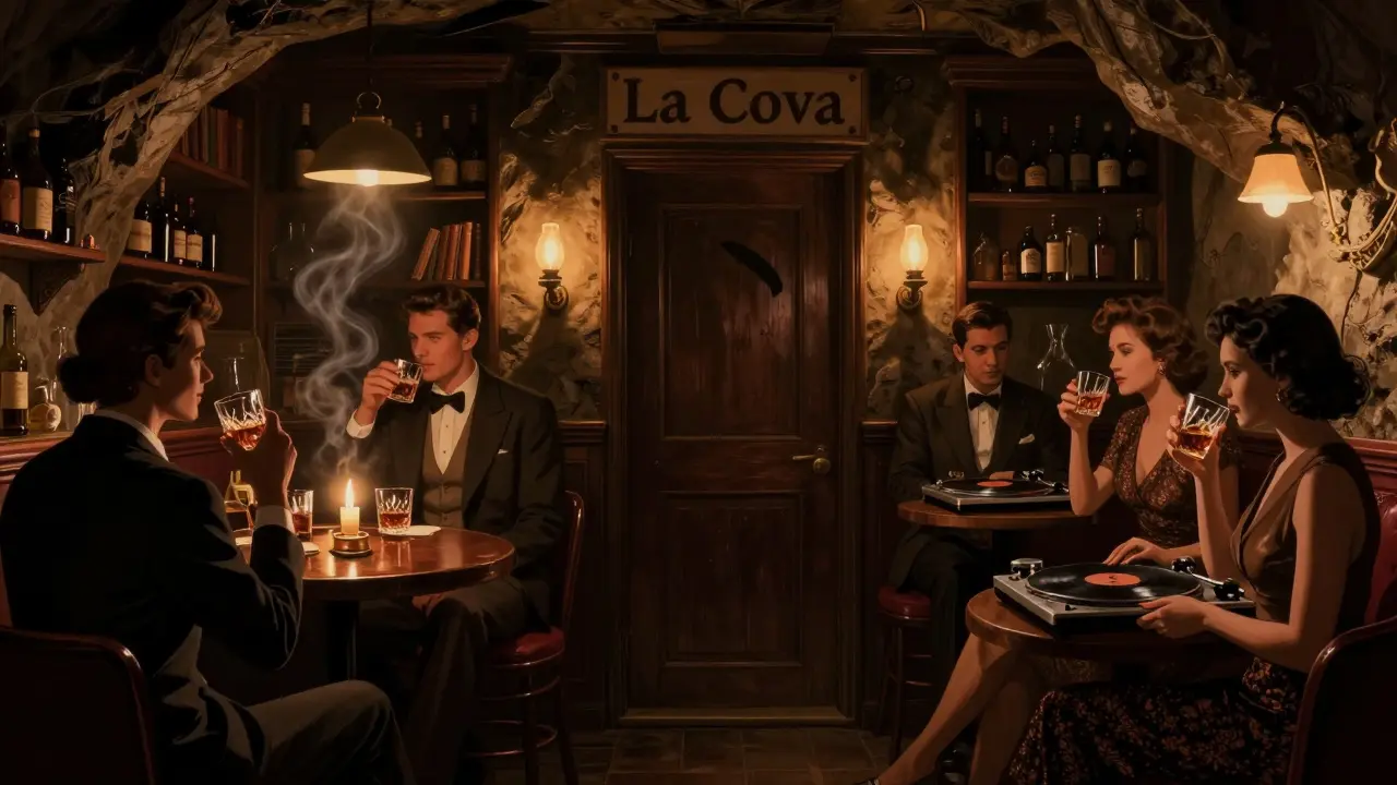 Hidden speakeasy bar with warm candlelight, patrons sipping whiskey amid vinyl records and bookshelves.