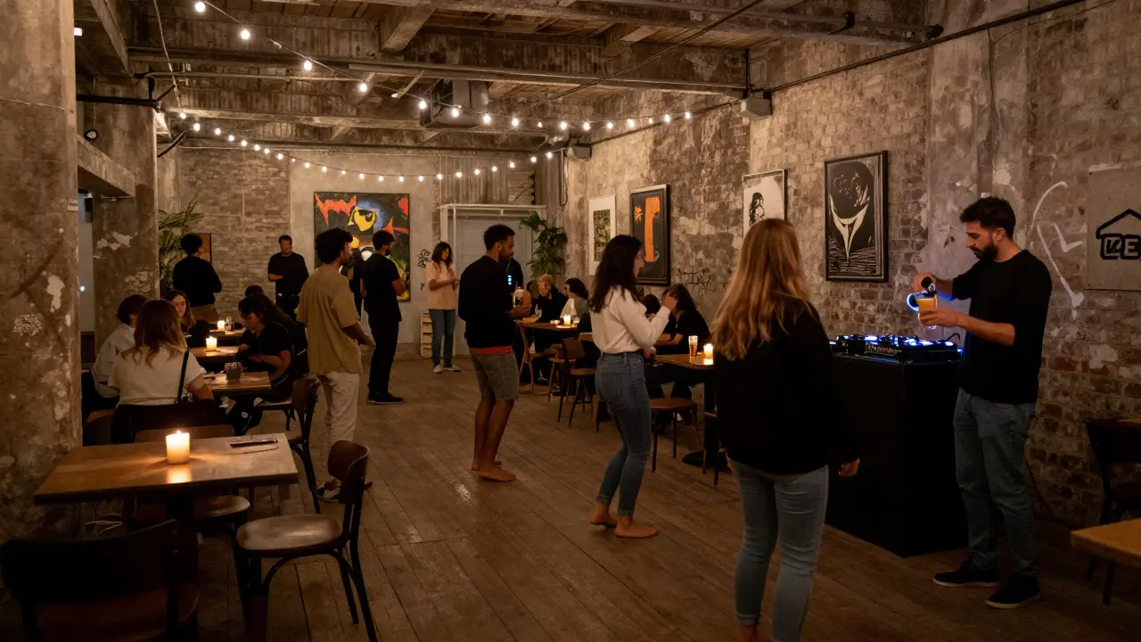 Industrial warehouse party with barefoot crowd dancing to live music in soft lighting.