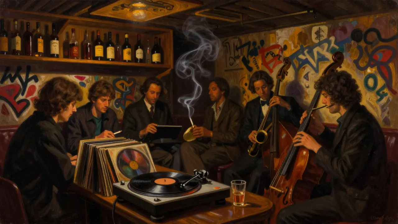 Intimate basement jazz bar in Alserkal Avenue with vinyl records, dim lighting, and expats listening to 1970s jazz.