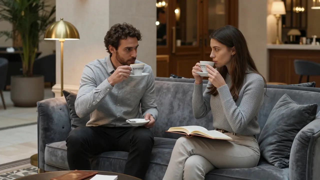 Man and woman conversing calmly in a hotel lobby with espresso and books