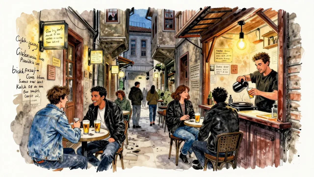 Narrow alley of Çiçek Pasajı in Kadıköy filled with cozy bars, patrons laughing, and glowing signs in the midnight air.