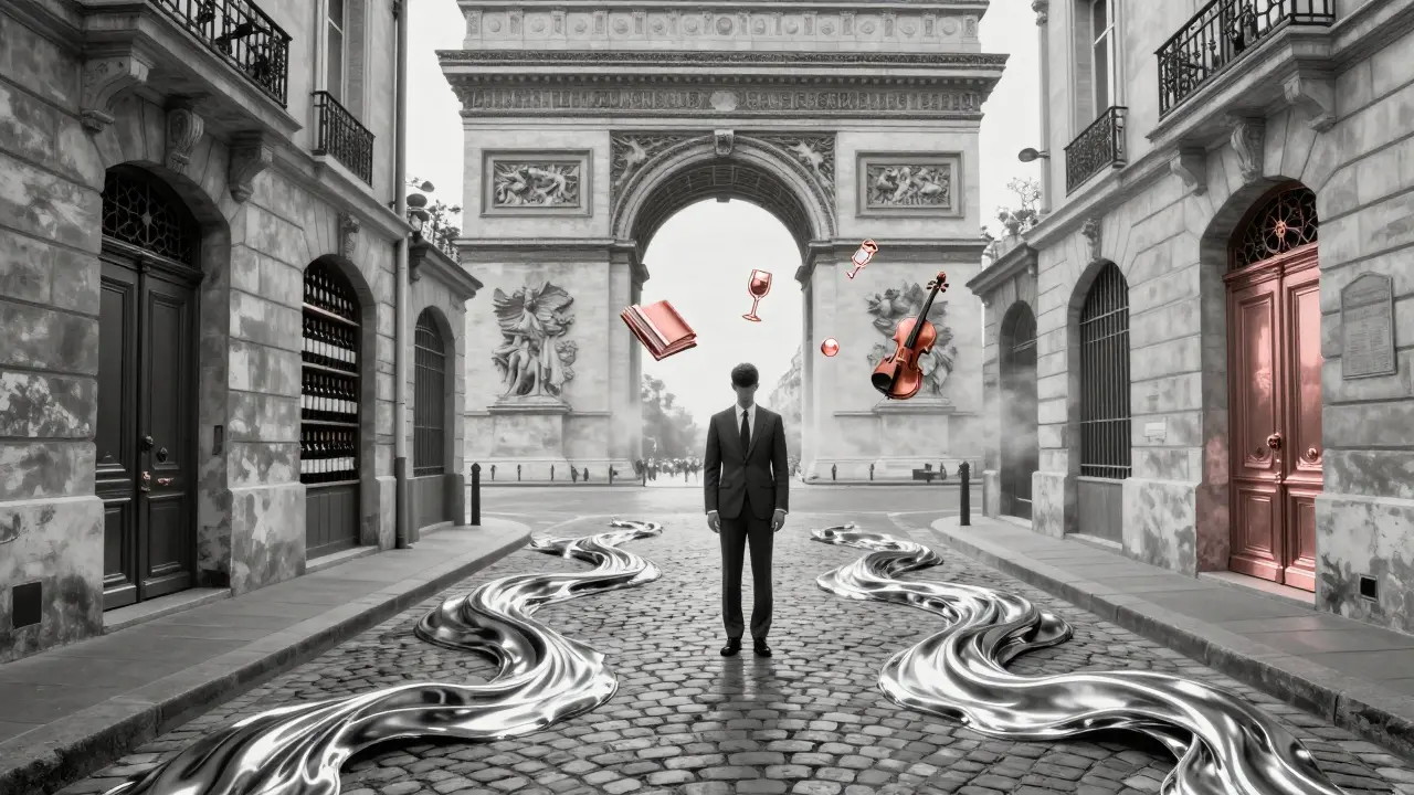 Paris personified as a dreamlike cityscape with floating symbols of culture, connection, and time.