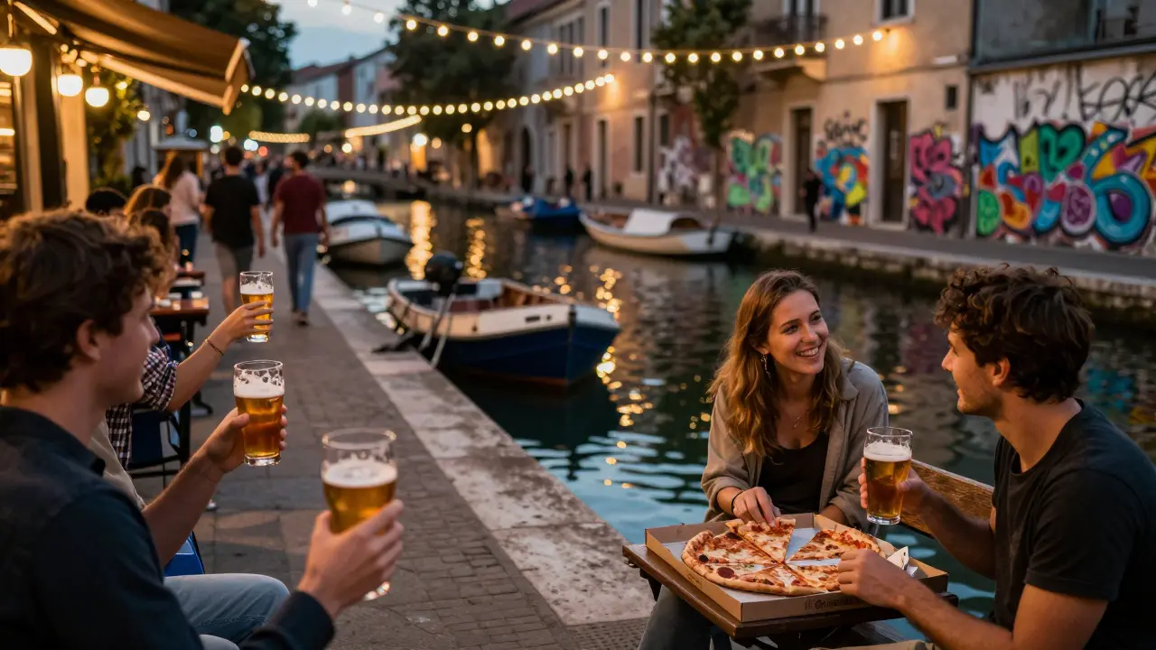 People enjoying craft beer and pizza under string lights beside Milan&#039;s Navigli canal at night.