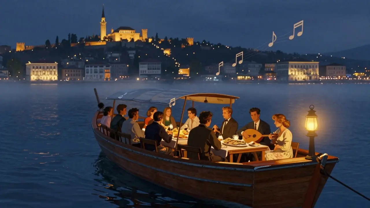 Private wooden Yalı boat sailing the Bosphorus at night, lit by lanterns with passengers dining under starry skies.