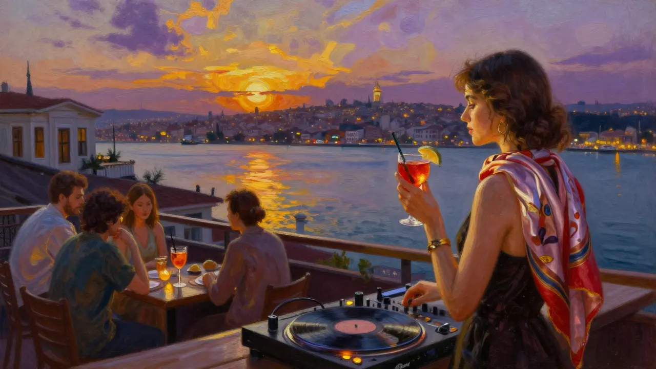 Rooftop bar in Karaköy at sunset with guests enjoying drinks and panoramic Bosphorus views.