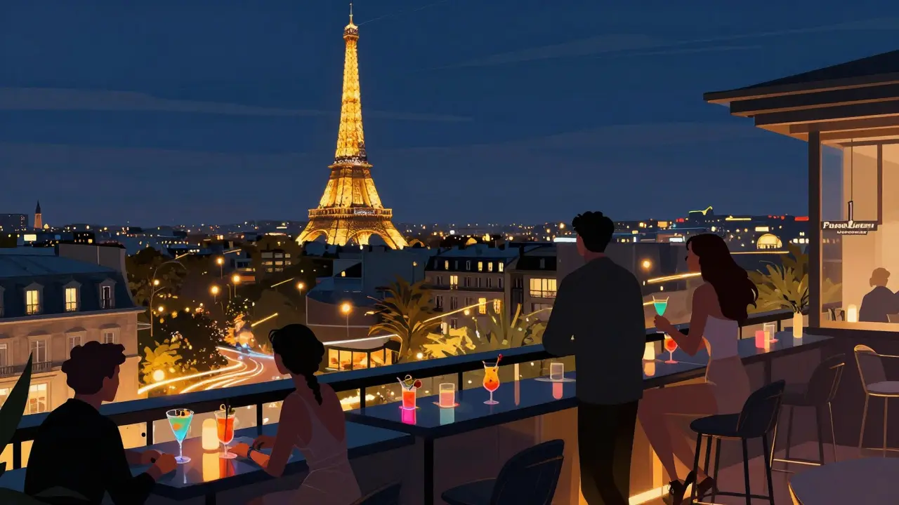 Rooftop bar overlooking Paris at night with the Eiffel Tower sparkling in the distance.