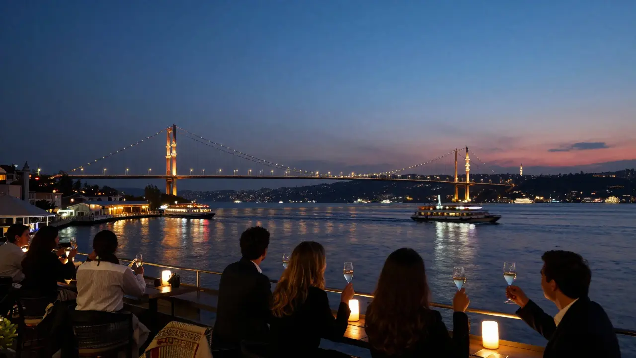 Rooftop bar view of Bosphorus Bridge at dawn, ferries gliding on glowing water.