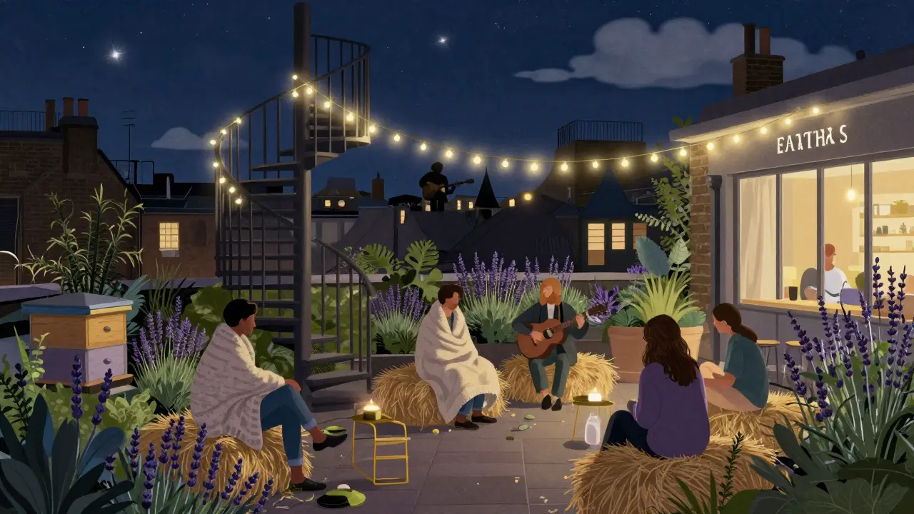 Rooftop garden with people on hay bales under starry skies, surrounded by herbs and fairy lights.
