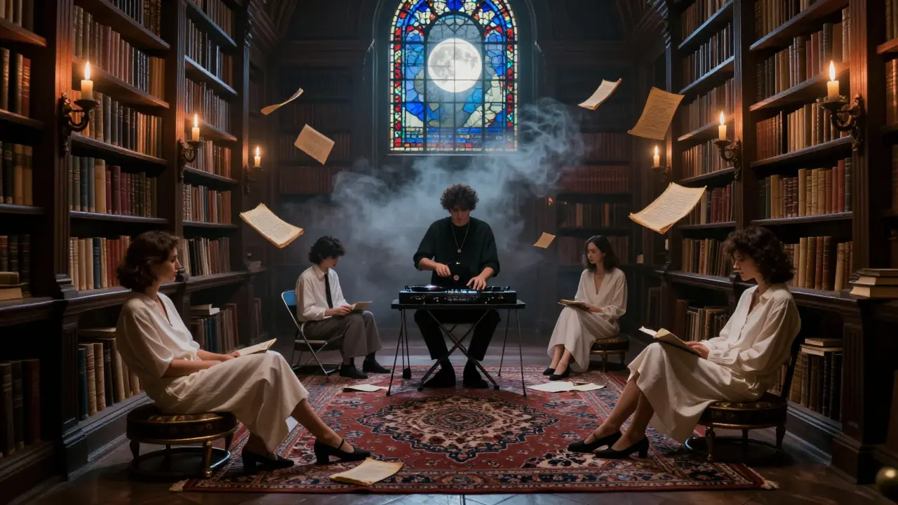 Secret midnight party in an ancient library lit only by candles and moonlight.