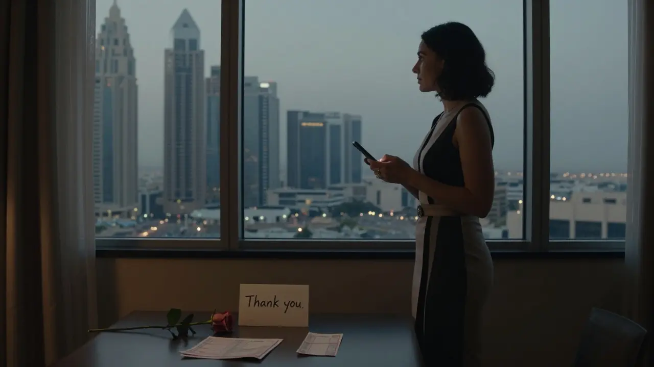Silhouette of a woman by a Dubai window at dusk, rose and note on table, no face visible, quiet dignity.