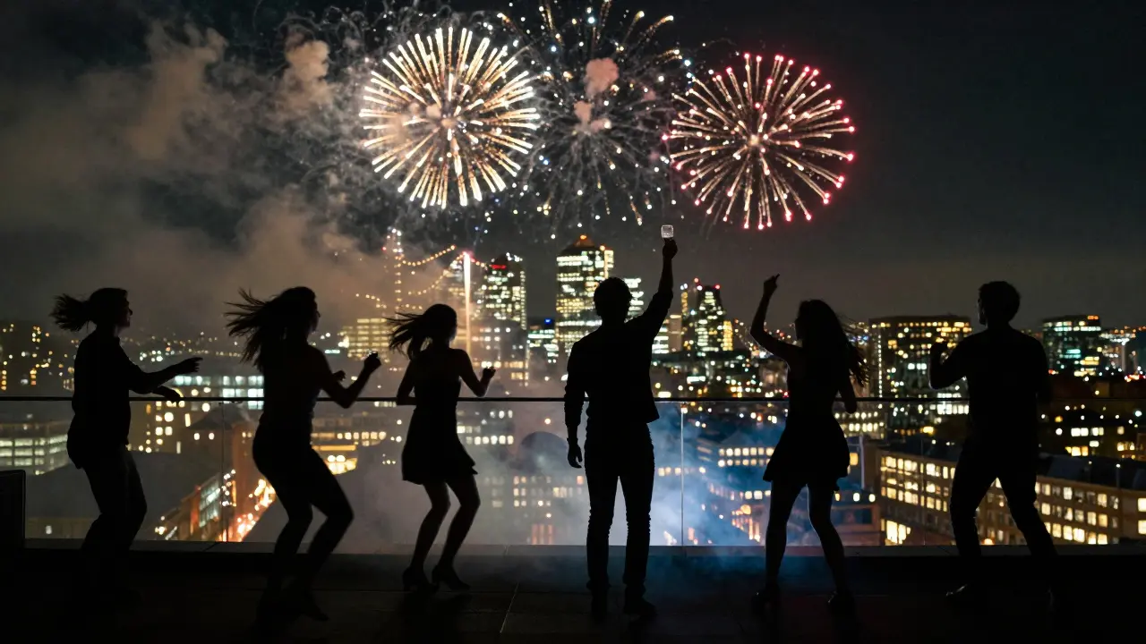 Silhouettes of dancers on a London rooftop at midnight, fireworks lighting up the city skyline below.