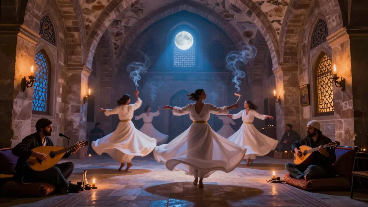 Sufi dancers spinning in candlelit Ottoman caravanserai with oud musicians nearby.
