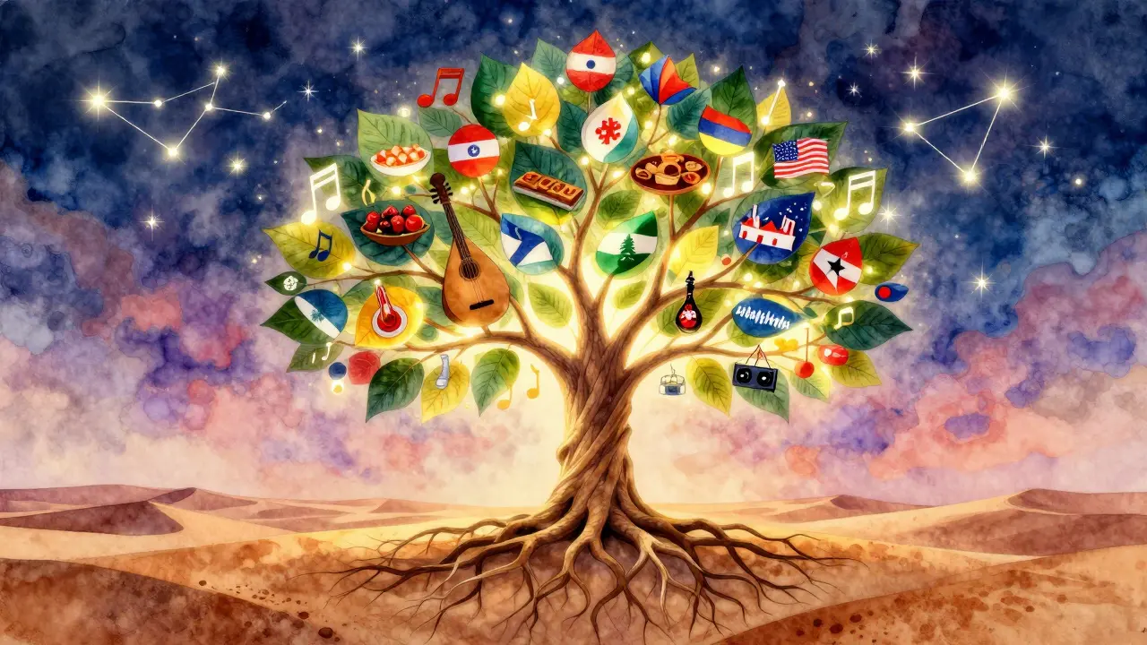 Surreal glowing tree symbolizing Dubai's multicultural nightlife, with leaves shaped as music, food, and cultural symbols.